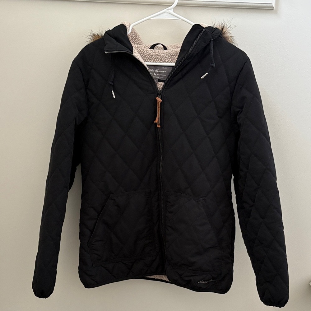 Eddie Bauer Black Quilted Jacket with Faux Fur Trim